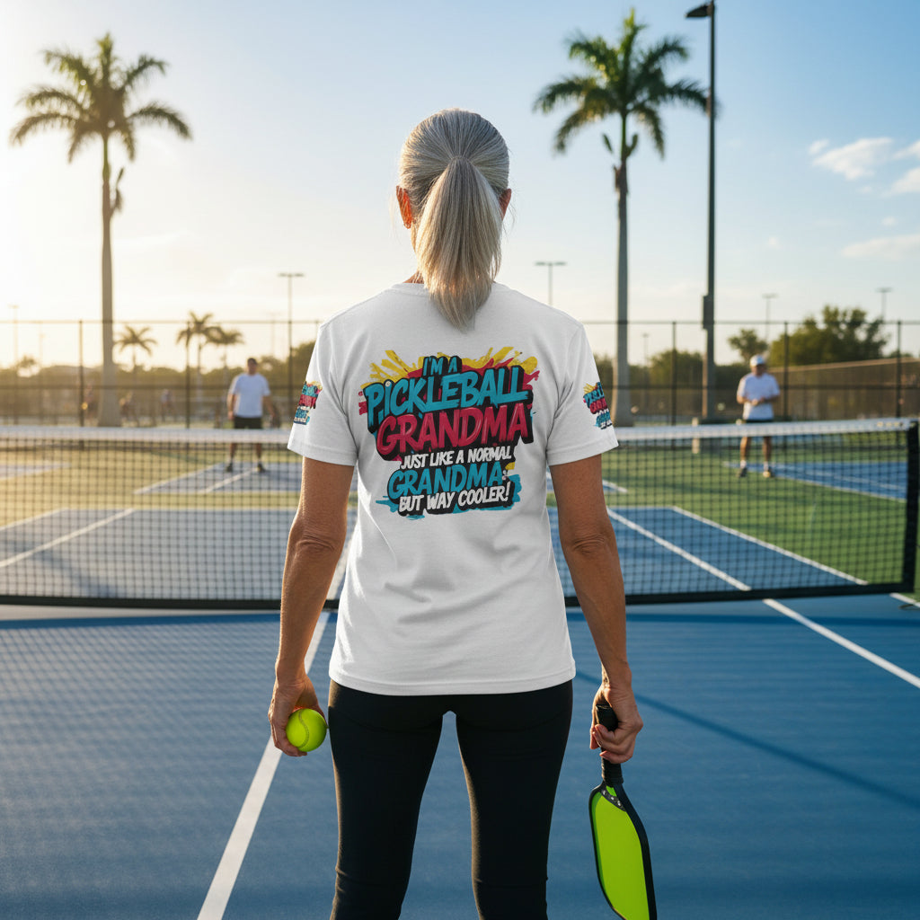 Person on a pickleball court wearing a t-shirt with a humorous pickleball grandma design.