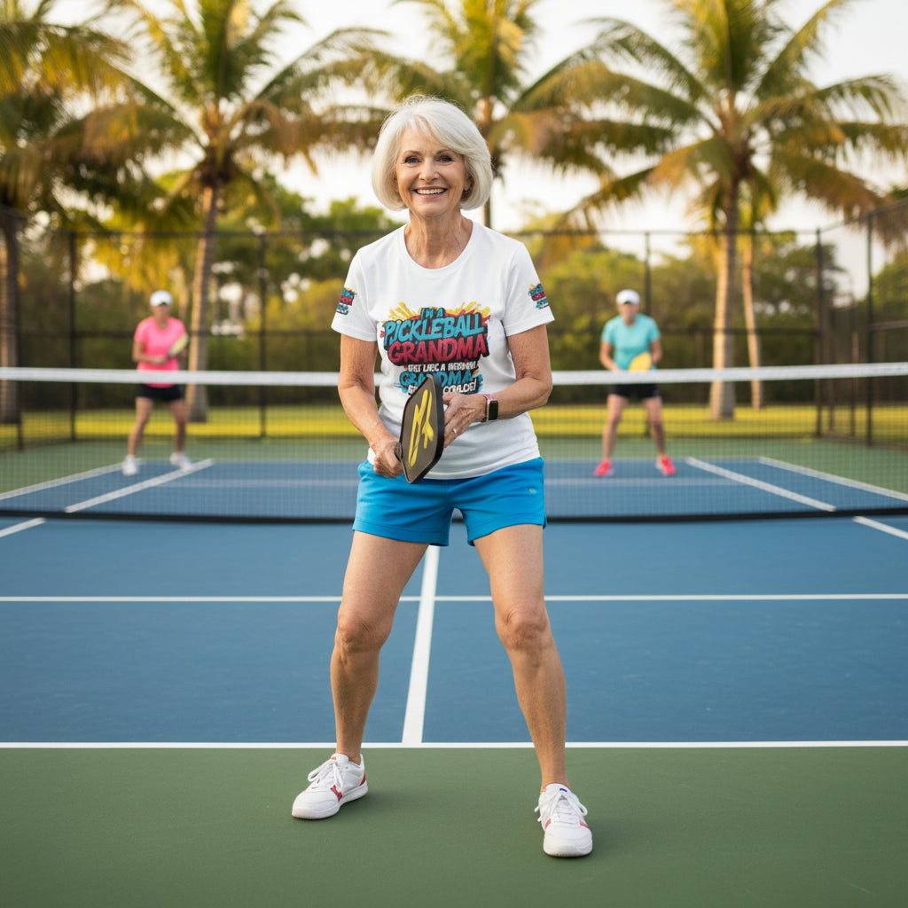 Woman playing pickleball on an outdoor court with palm trees in the background.