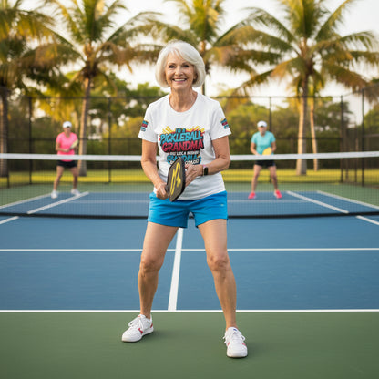 Woman playing pickleball on an outdoor court with palm trees in the background.