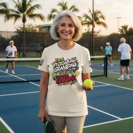 Beige t-shirt with a colorful text design.