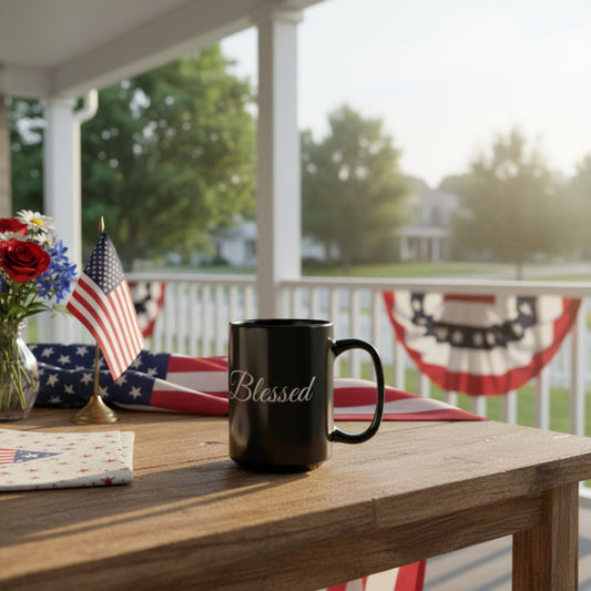Inspirational - Blessed White Print - Black Ceramic Mug - 11oz & 15oz