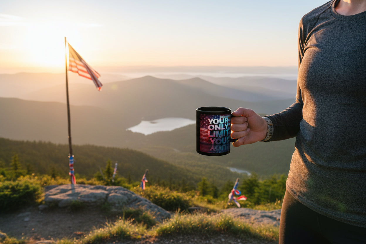 Person holding a mug that says Your Only Limit Is You! with text on a mountaintop with an American flag and scenic view.
