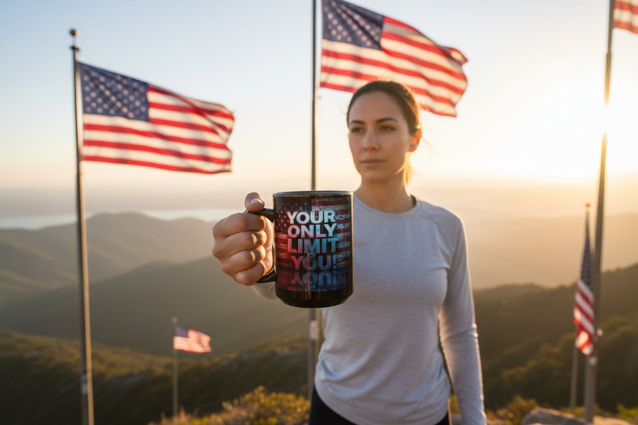 Woman holding a mug with text that says Your Only Limit Is You! in front of American flags and a scenic background.