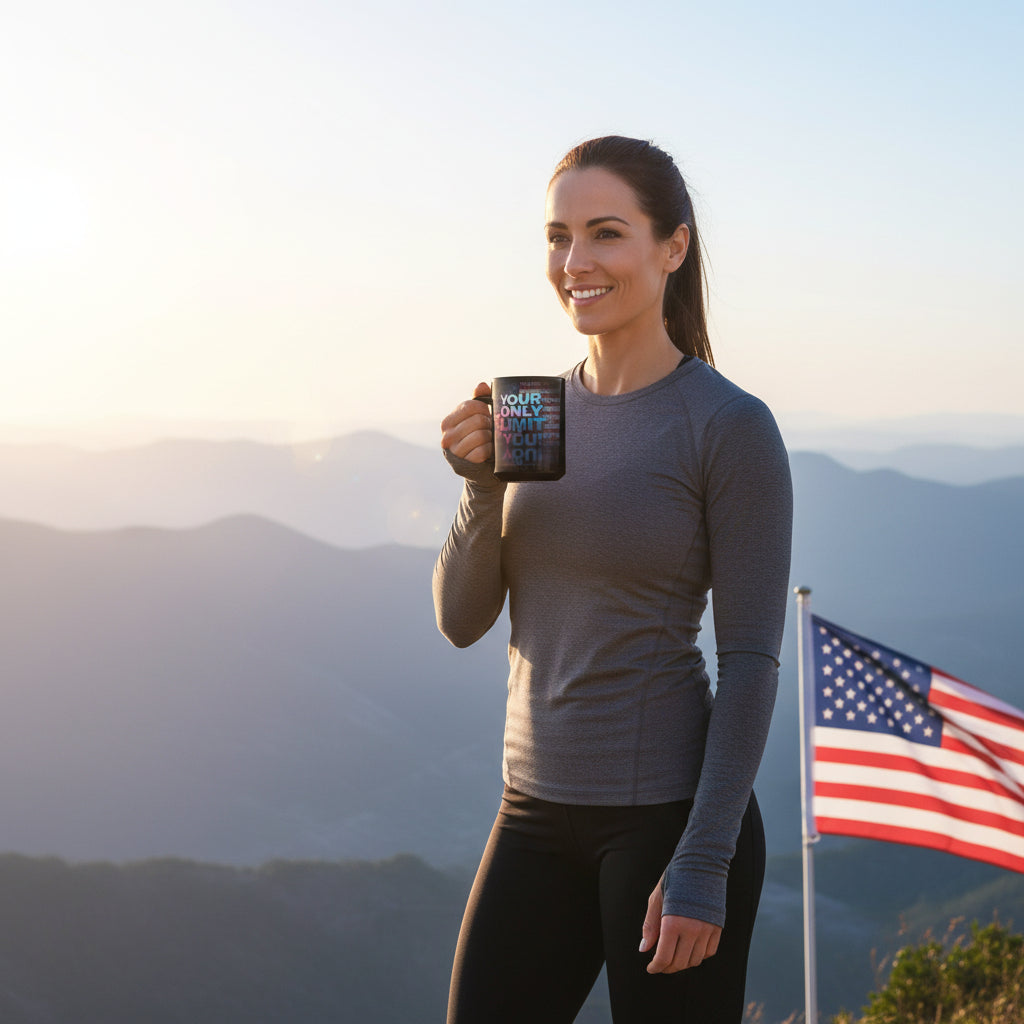 Woman holding a mug that says Your Only Limit Is You! with mountains and the American flag in the background.