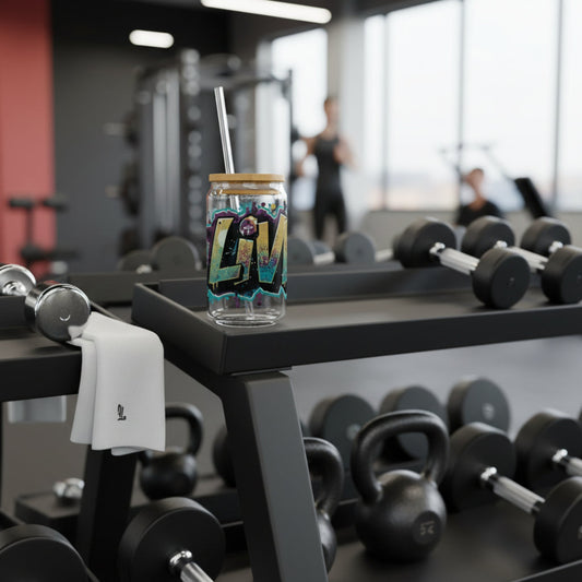 Glass with a straw and lid on a gym counter with weights and equipment in the background