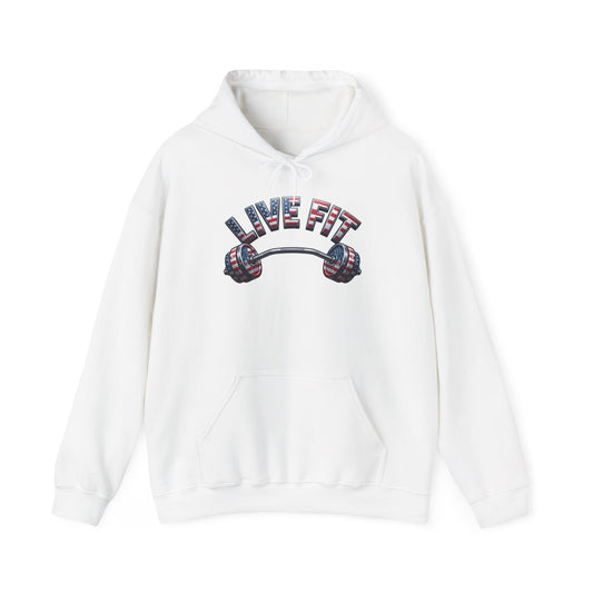A white pullover hoodie with a front kangaroo pocket and a graphic on the chest reading 'LIVE FIT' in an American flag pattern above a barbell design, shown on a plain white background.