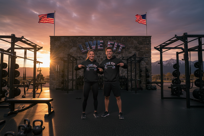 A man and a woman stand in a gym wearing matching black t-shirts with 'LIVE FIT' printed on the front, posing in front of a stone wall with 'LIVE FIT' written on it. The scene is set at sunset with American flags, mountains in the background, and gym equipment on both sides.