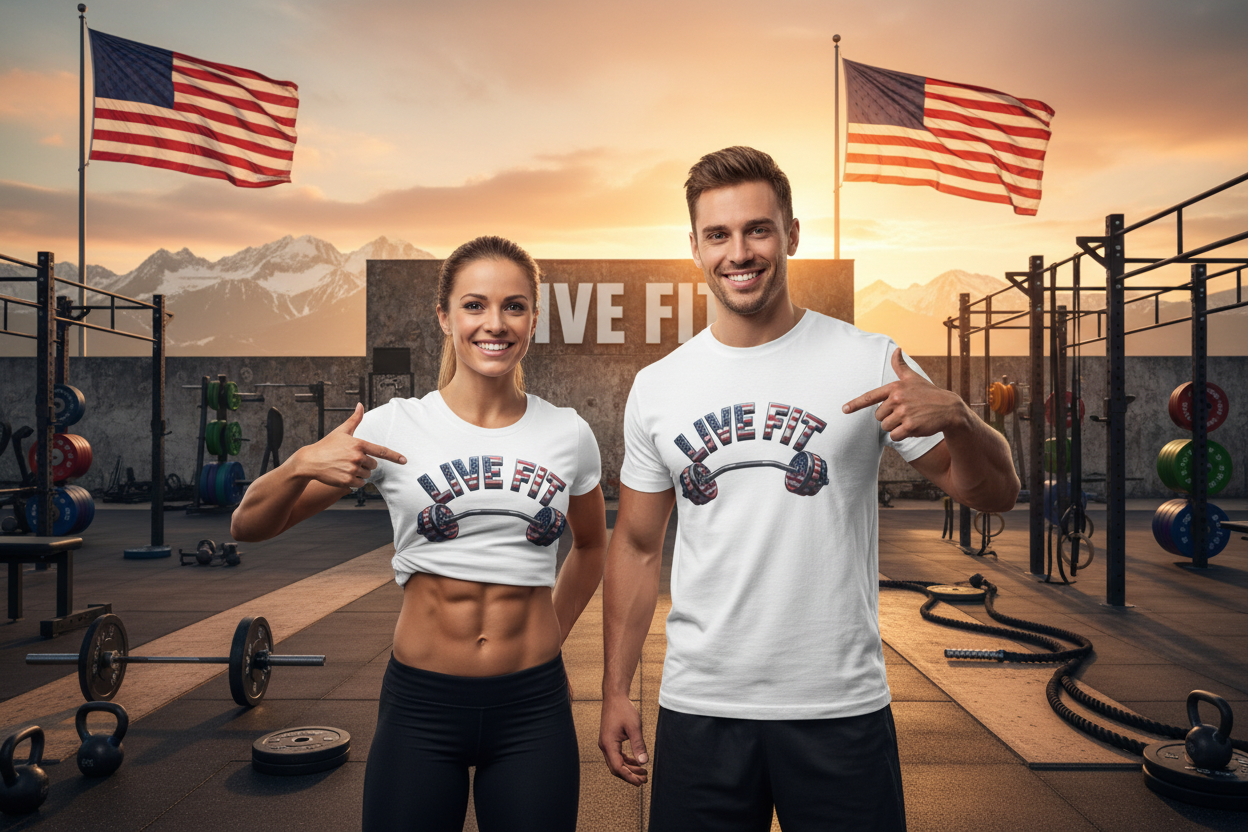A man and a woman standing in a gym at sunset, both wearing matching white t-shirts with a graphic that reads 'LIVE FIT' and pointing to the text. American flags and mountain scenery are visible in the background.