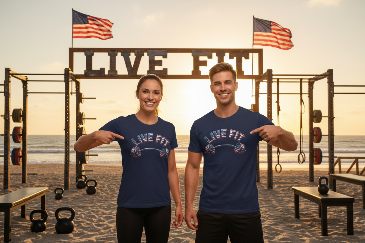 A man and a woman stand on a beach gym set wearing matching navy blue t-shirts with 'LIVE FIT' printed on the front, pointing at their shirts. The background features a large 'LIVE FIT' sign, pull-up bars, kettlebells, and American flags against a sunset sky.