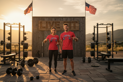 A man and a woman stand in front of a wooden gym wall reading “LIVE FIT,” wearing matching red t-shirts with a red, white, and blue graphic. The scene is set in an outdoor gym with weight racks, barbells, and American flags against a warm sunset sky.