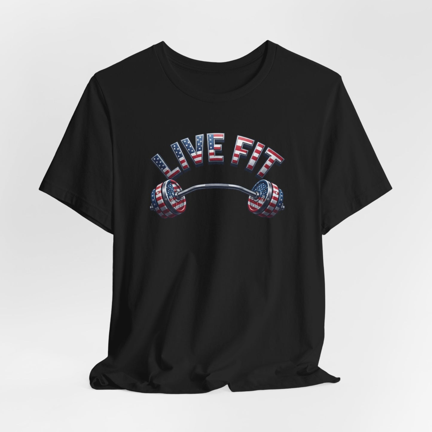 LIVE FIT American Flag Barbell T-Shirt | Patriotic Gym Tee – LIVE FIT