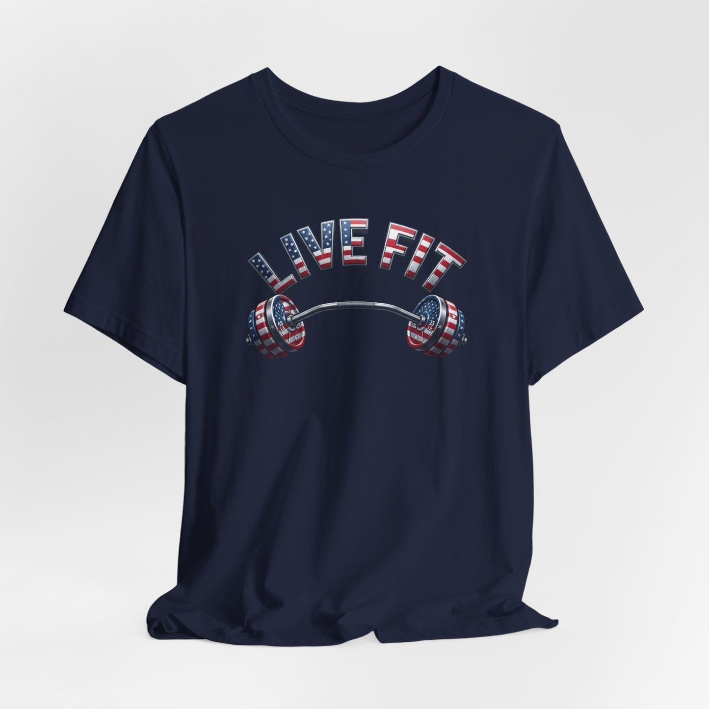 LIVE FIT American Flag Barbell T-Shirt | Patriotic Gym Tee – LIVE FIT