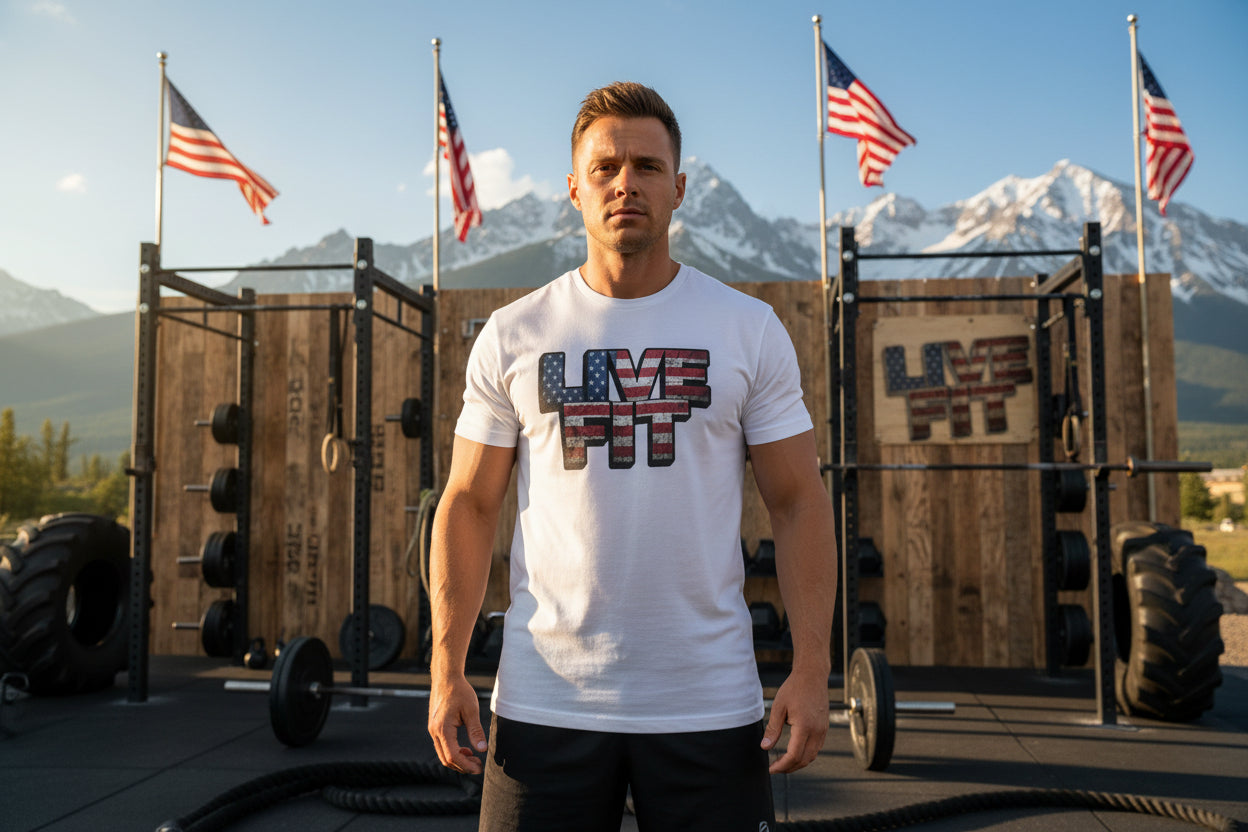 White t-shirt with 'LIVE FIT' design in a gym setting