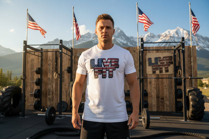 White t-shirt with 'LIVE FIT' design in a gym setting