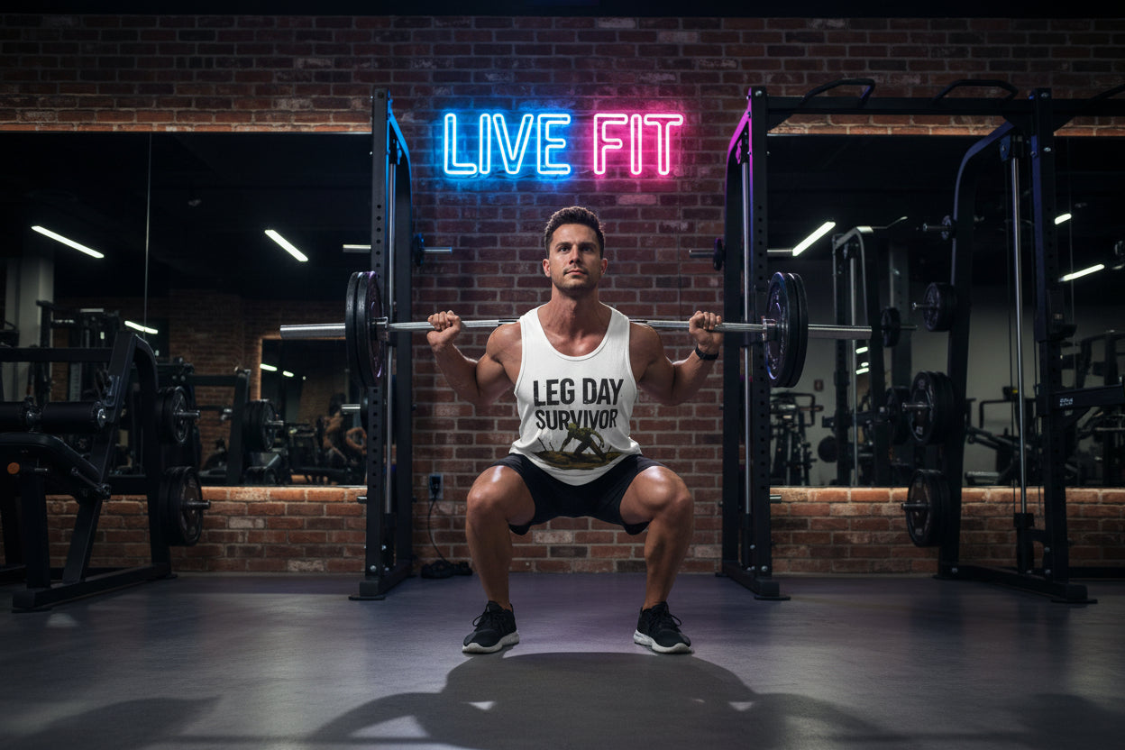 A man performing barbell squats with weights in a gym wearing a white tank top that says Leg Day Survivor with a 'Live Fit' neon sign in the background.
