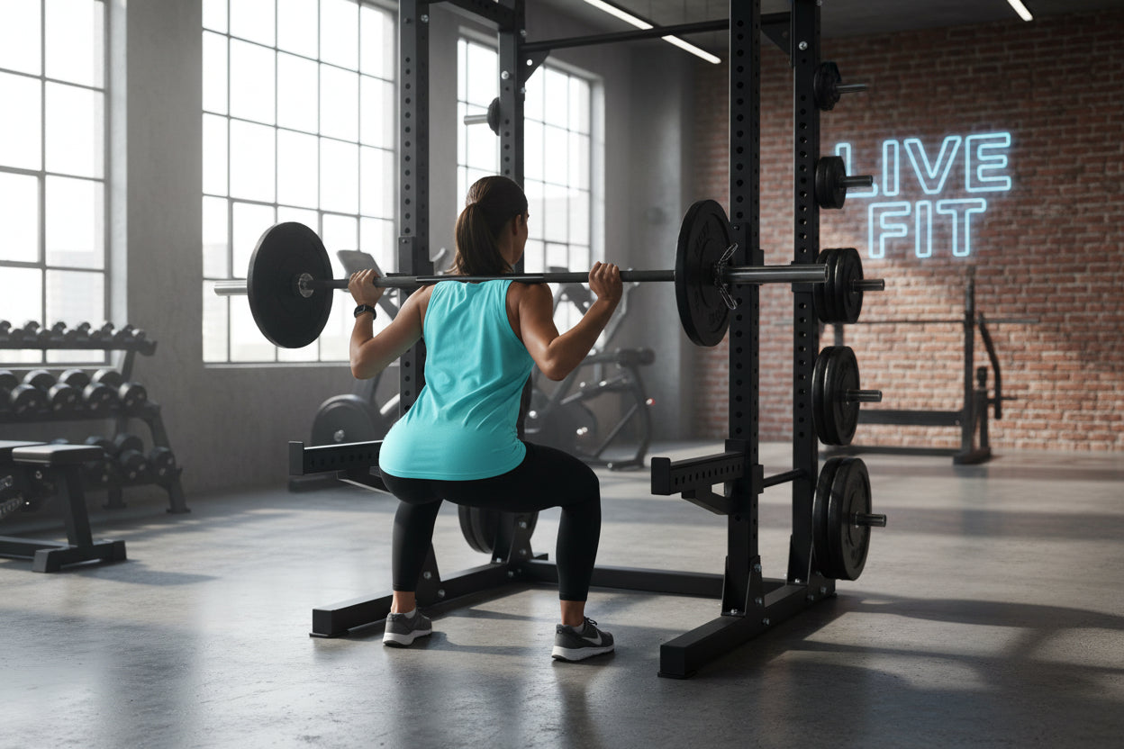 A woman performing squats with a barbell in a gym setting, with a 'Live Fit' neon sign in the background.