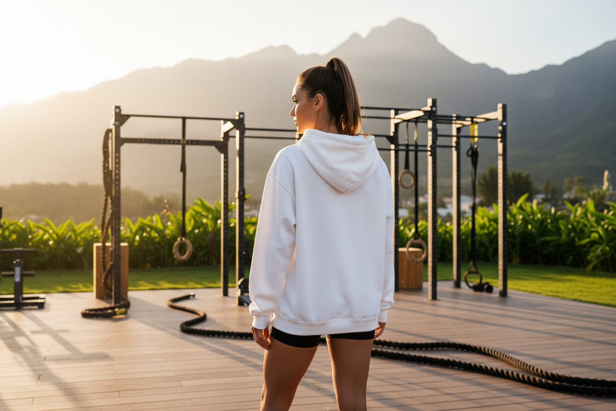 A woman in a white hoodie standing on a wooden deck with mountains in the background.