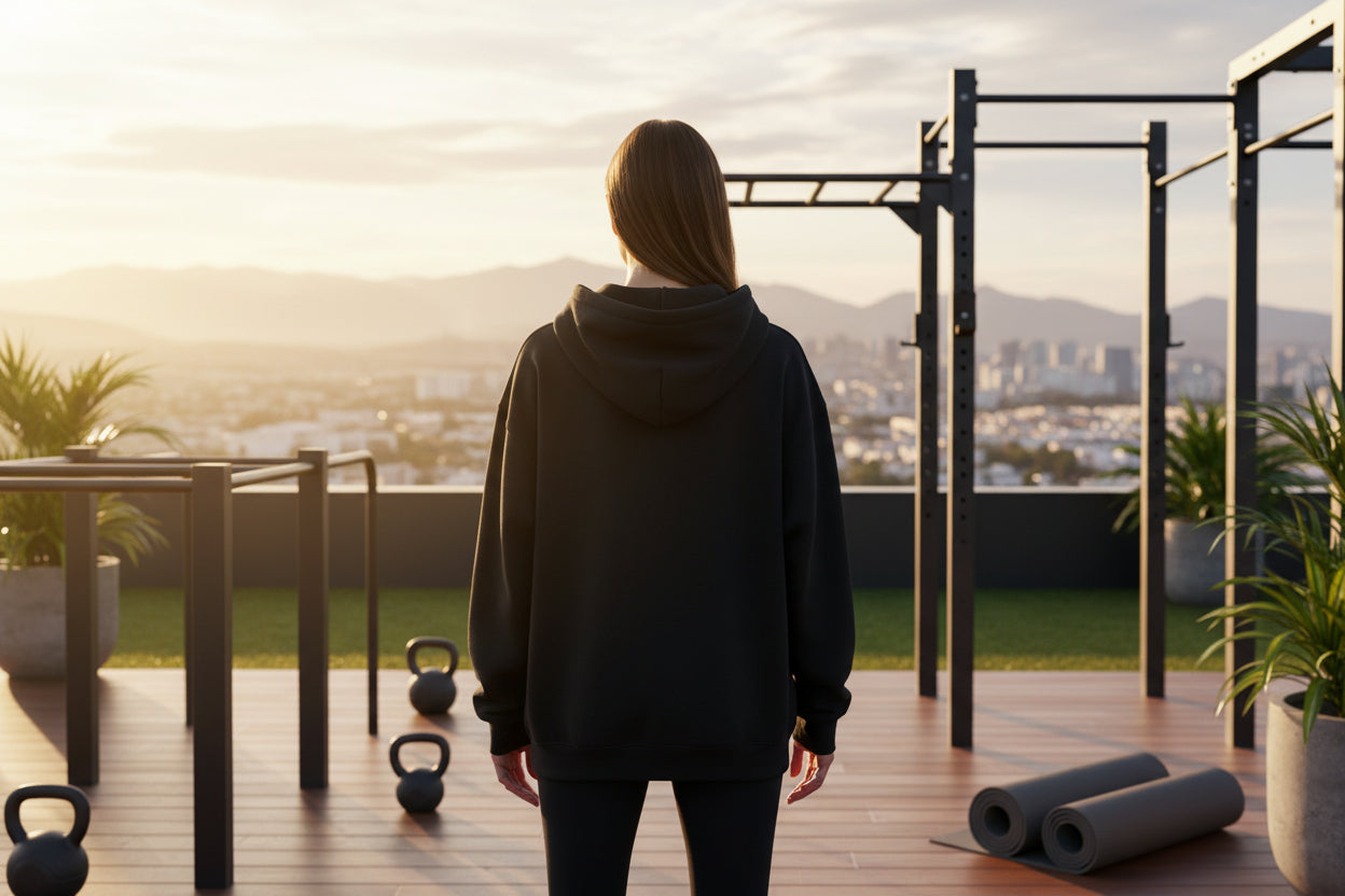 A woman standing on a rooftop deck with fitness equipment and a cityscape view.