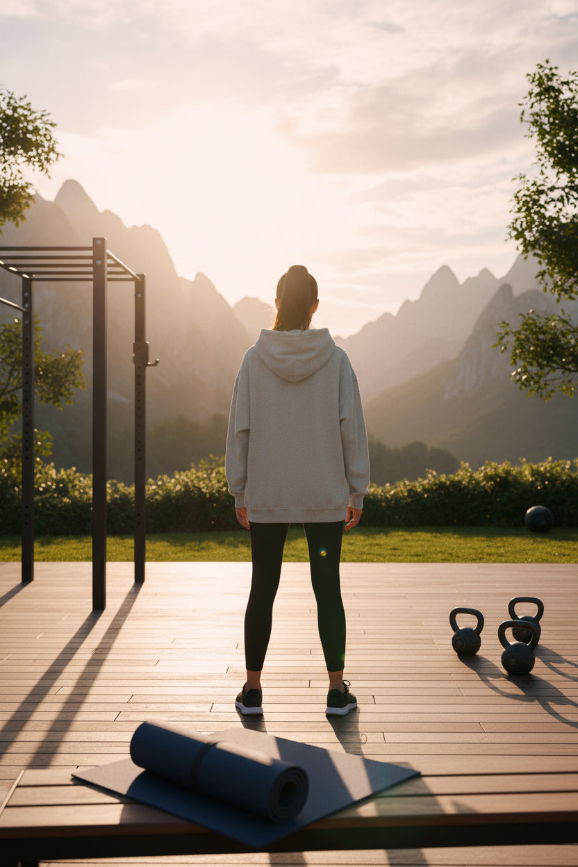 A woman standing with kettlebells on a wooden platform wearing a gray hoodie with mountains in the background.
