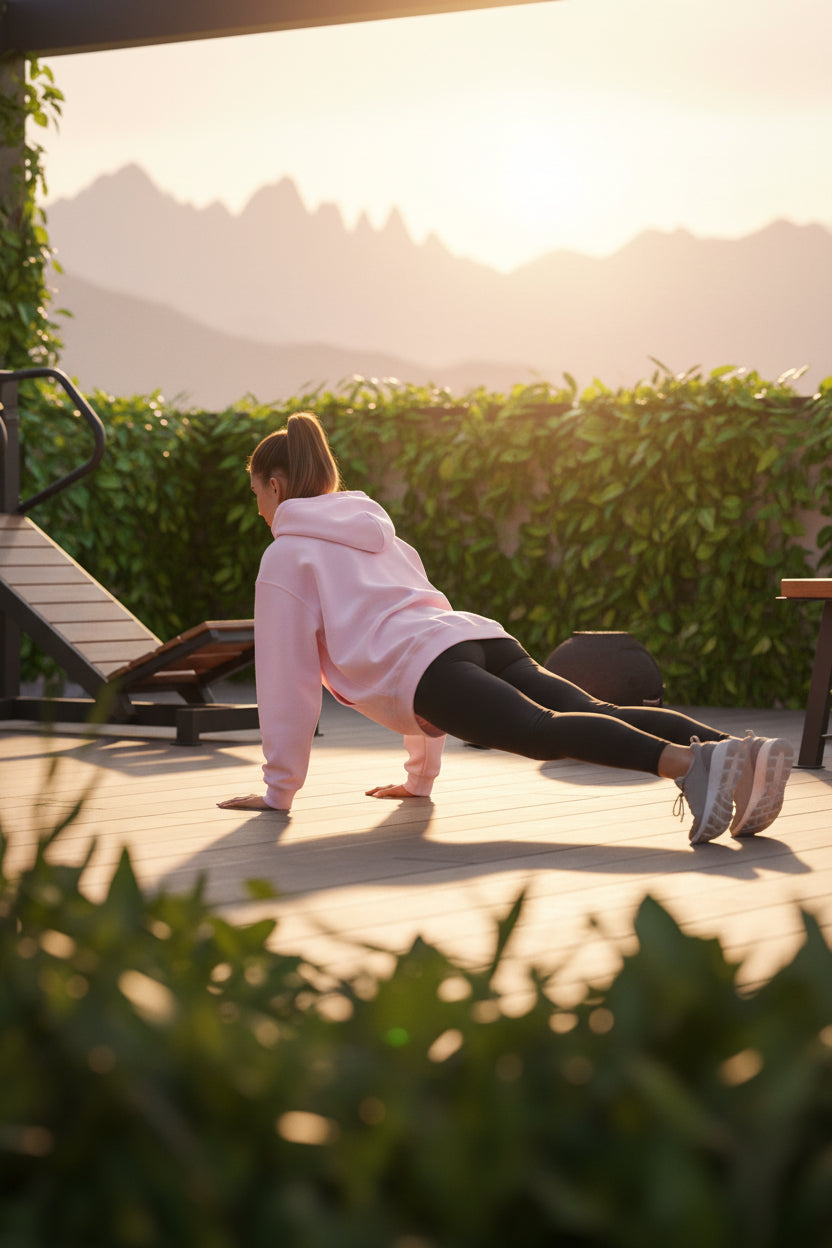 A woman exercising outdoors wearing a pink hoodie with mountains in the background.