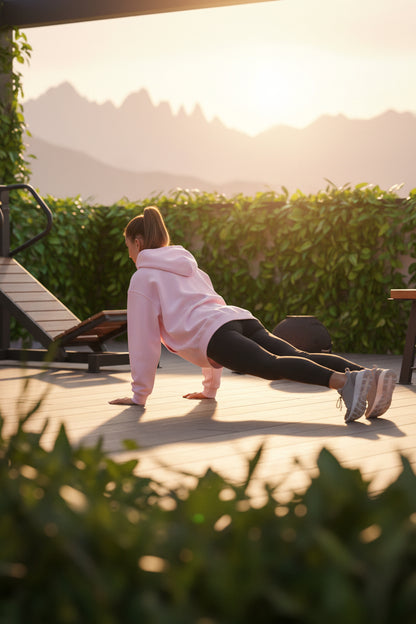 A woman exercising outdoors wearing a pink hoodie with mountains in the background.