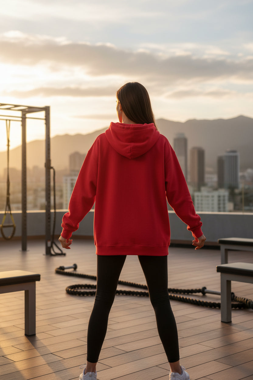 A woman in a red hoodie standing on a rooftop with a cityscape and mountains in the background.