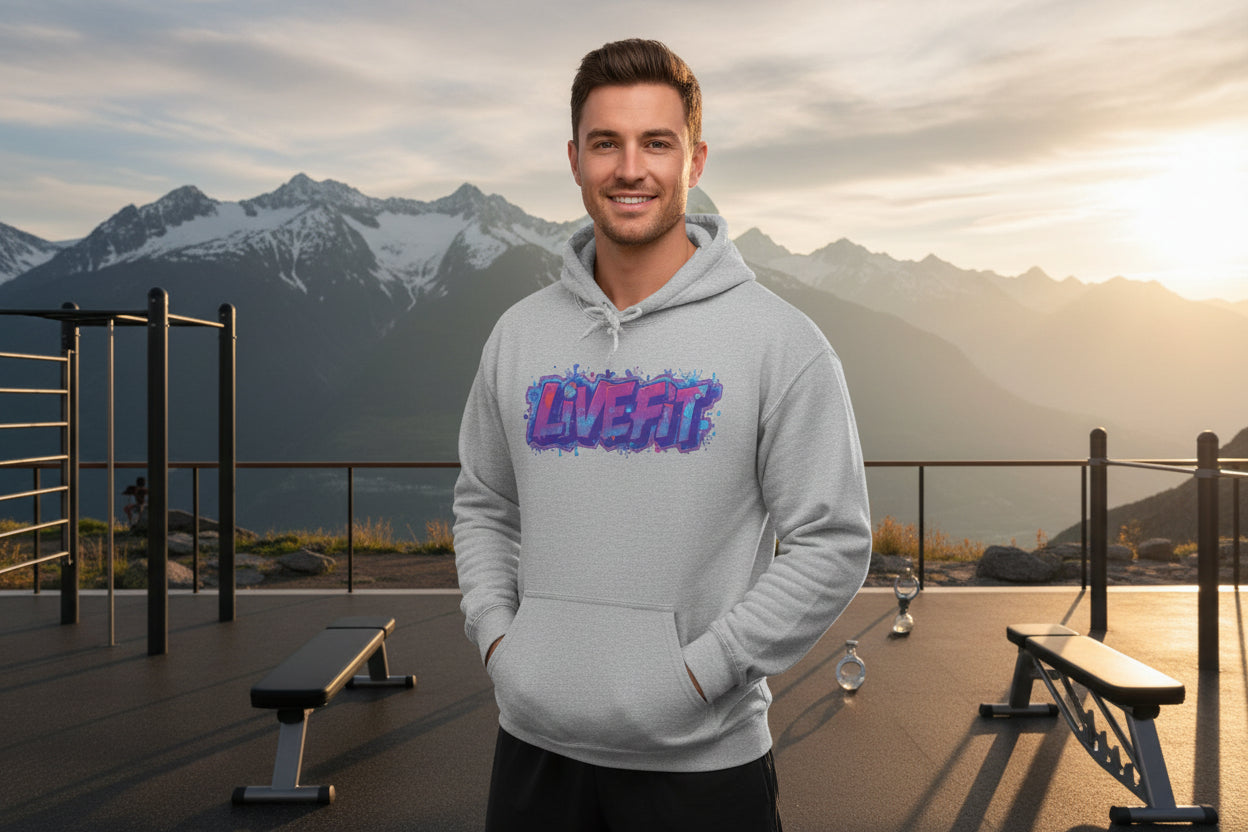 A man wearing a gray hoodie with a 'LiVE FiT' design in an outdoor setting with mountains.