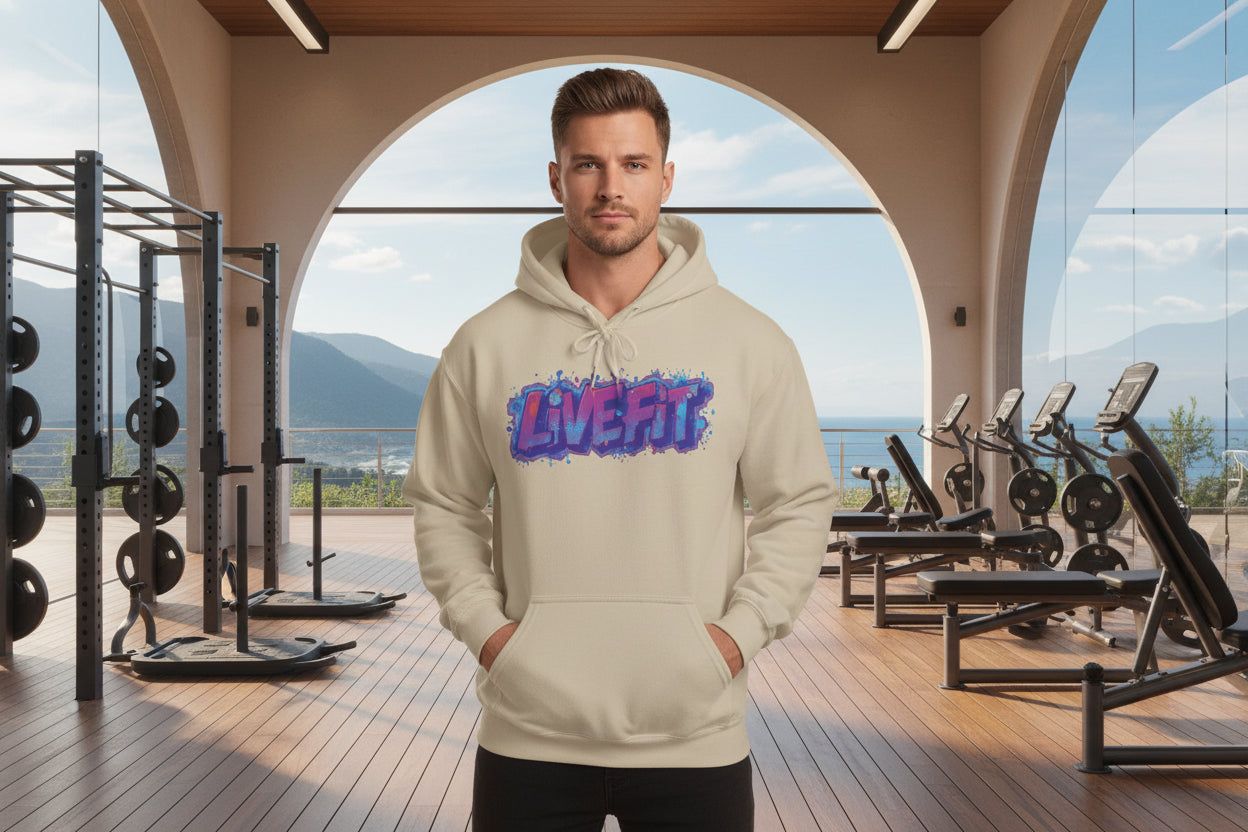 Man wearing a hoodie with 'LIVE FIT' design in a gym setting.