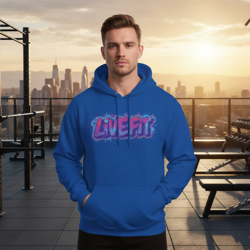 A man wearing a blue hoodie with a 'LIVE FIT' design in an urban setting.