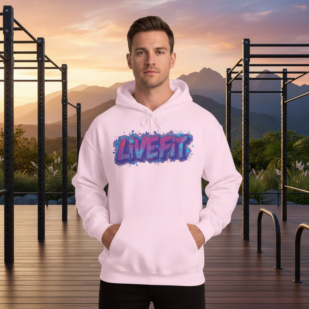 Person wearing a pink hoodie with a 'LIVE FIT' design in a gym setting.