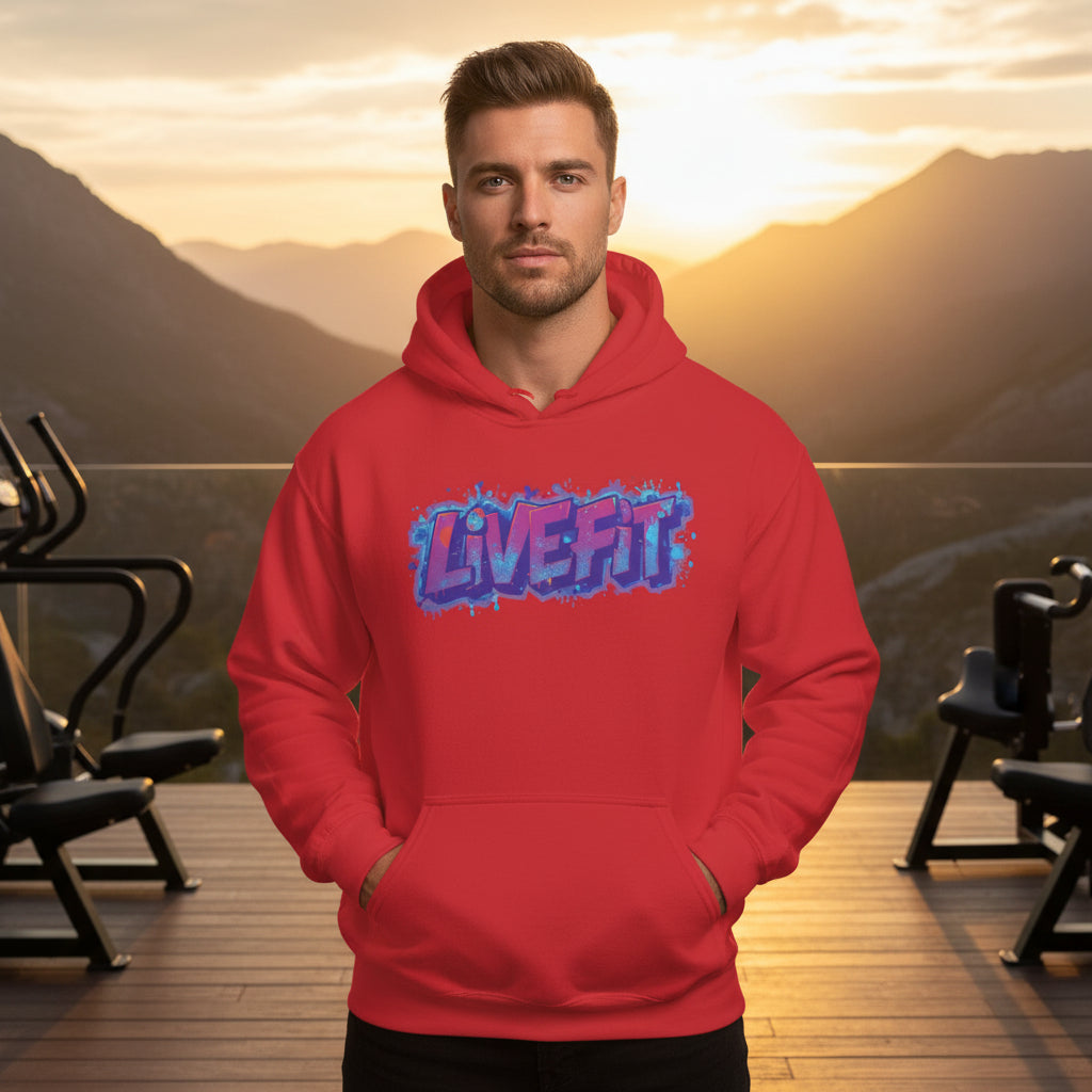A man wearing a red hoodie with a 'LIVE FIT' design in a gym setting with mountains in the background.