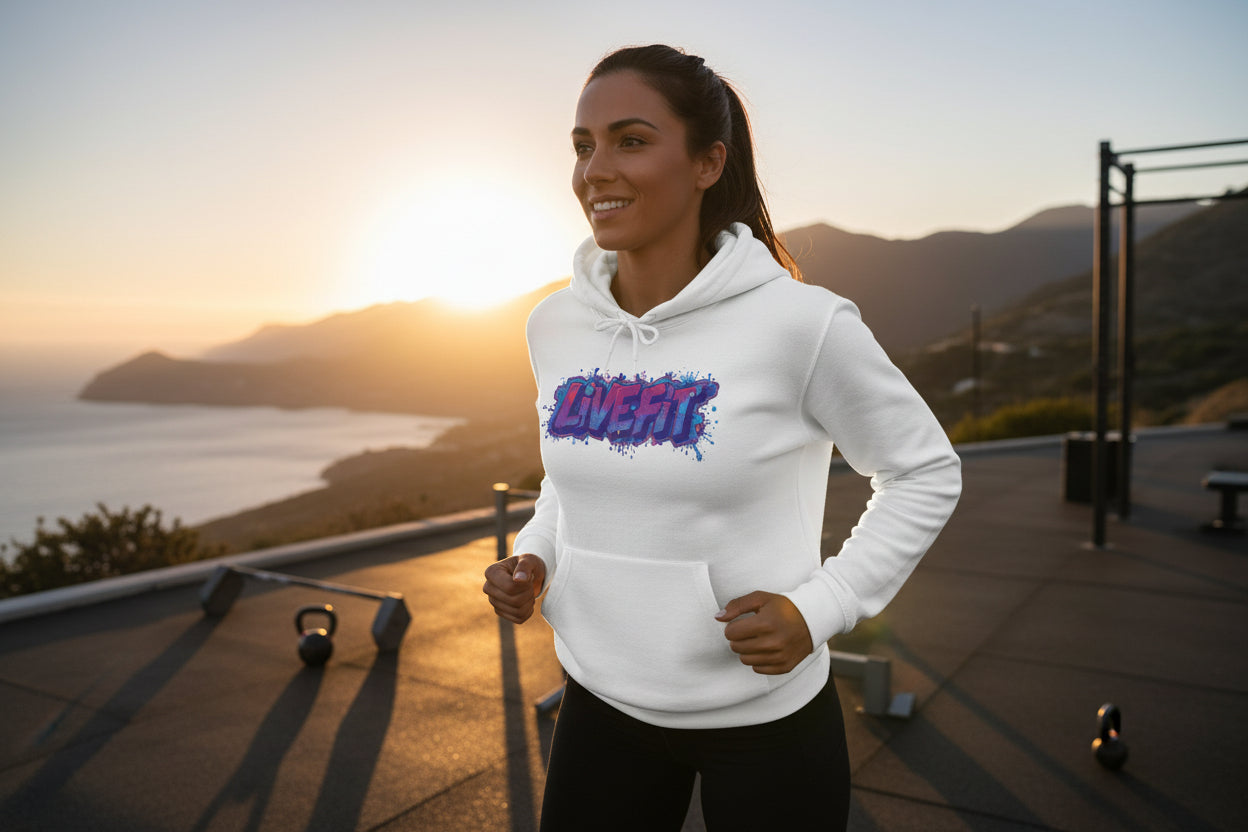 Woman in a white hoodie with a colorful LIVE FIT text design standing outdoors with mountains and a sunset in the background.