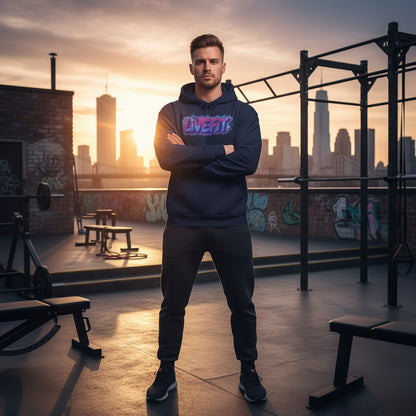 A man wearing a navy blue hoodie with 'LIVE FIT' text, standing outdoors with a gym city background.