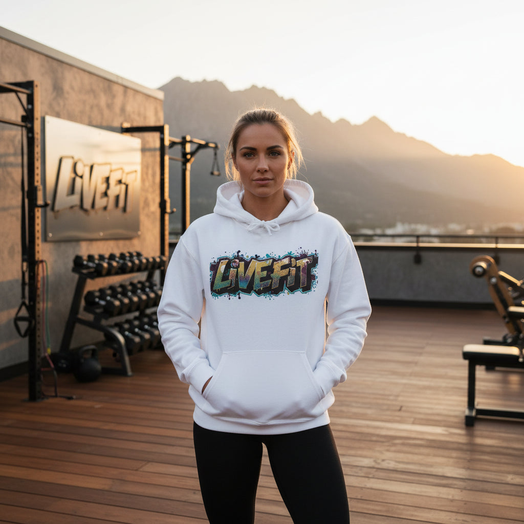 A woman wearing a white hoodie with 'LIVE FIT' text in a colorful design on a wooden floor in an outside gym setting with mountains in the background.