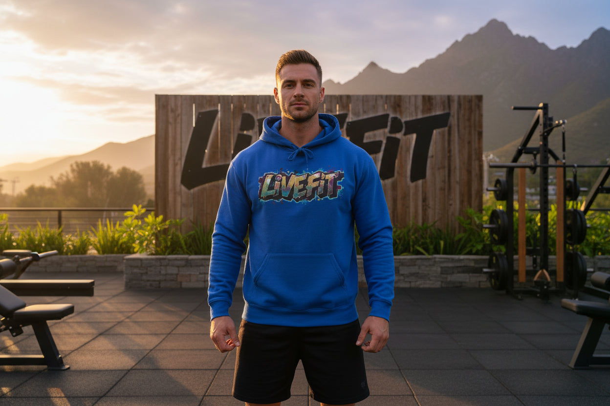 A man wearing a blue 'LIVE FIT' hoodie standing in front of a wooden sign with 'LIVE FIT' on it, outdoors.
