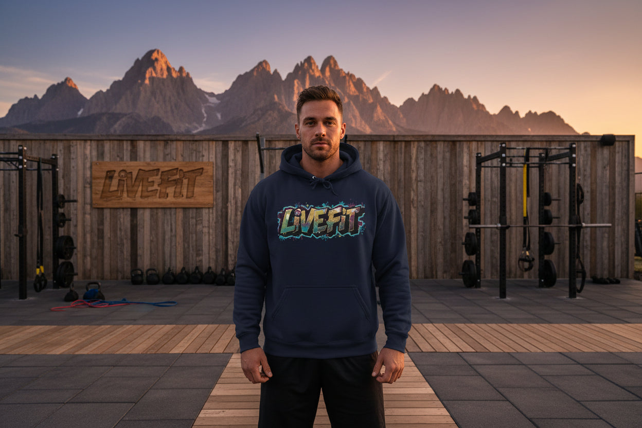 Navy blue hoodie with 'LIVE FIT' text in colorful design on a wooden floor.