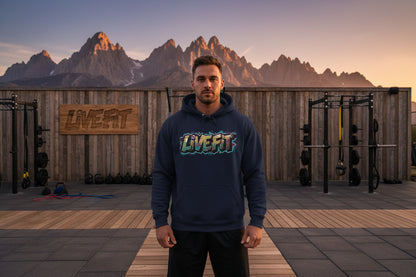 Navy blue hoodie with 'LIVE FIT' text in colorful design on a wooden floor.