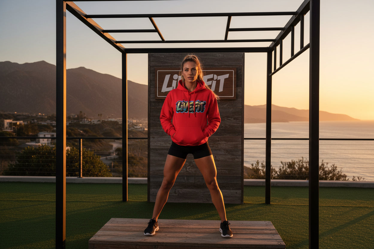 Red hoodie with 'LIVE FIT' text in colorful letters on a wooden floor.