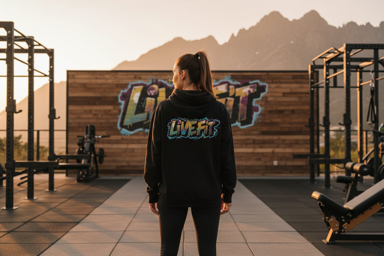 A black hoodie with 'LIVE FIT' text in colorful letters on the back, worn by a woman in an outdoor gym.