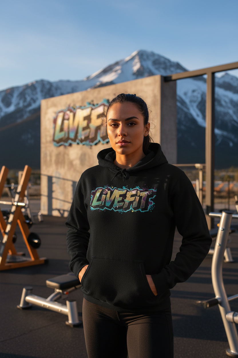 A woman wearing a black hoodie with the 'LIVE Fit' logo in an outdoor setting with mountains.