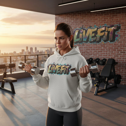 Gray hoodie with 'LIVE FIT' text in colorful design on a wooden floor in a gym setting.