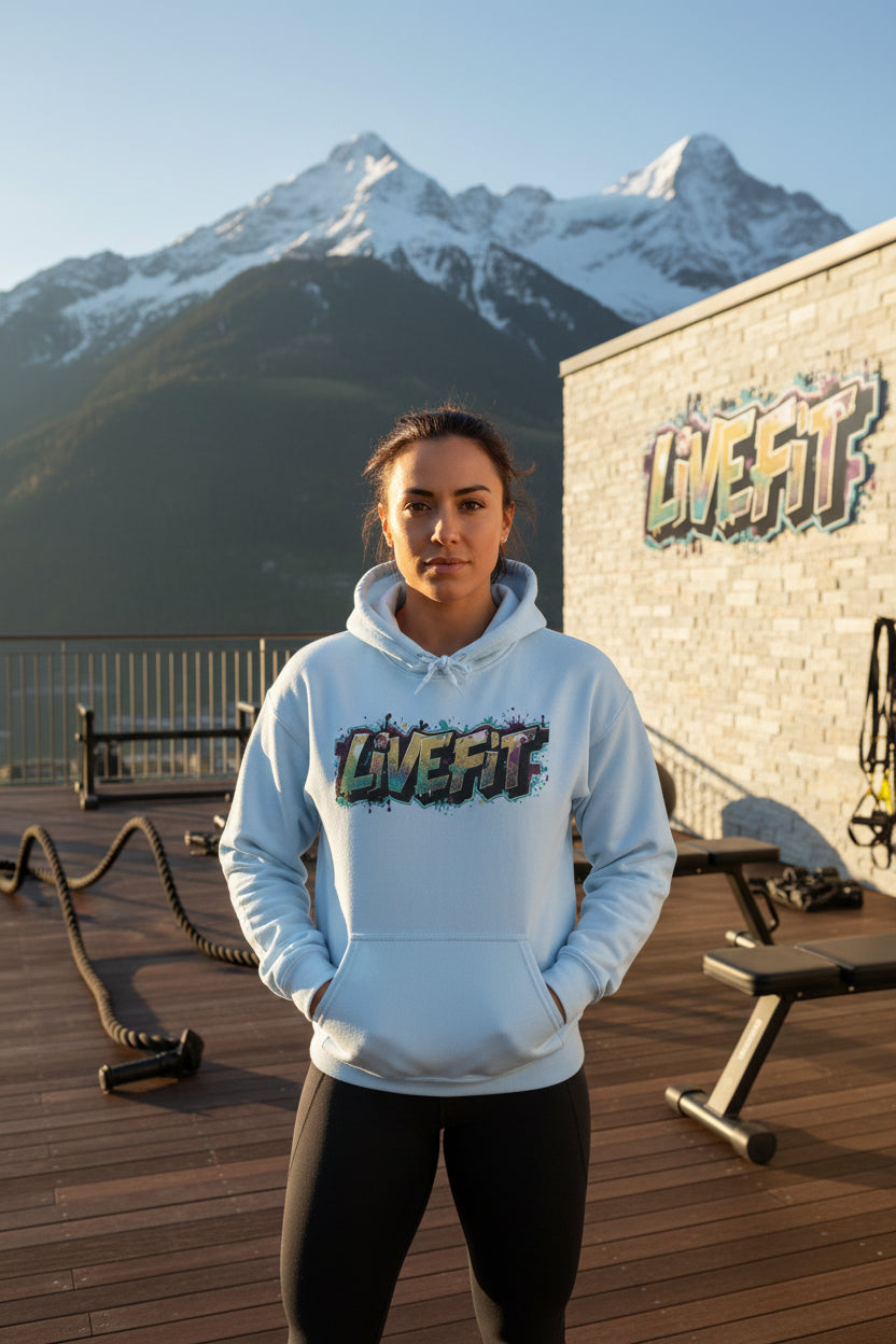 A woman wearing a light blue hoodie with 'LIVE FIT' text against a mountainous background.