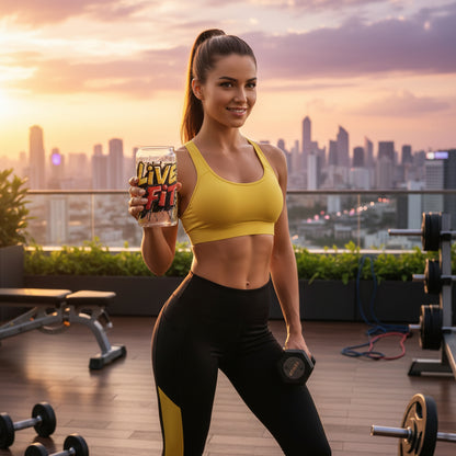 Clear sipper glass with 'Live Fit' design in an outside gym setting.