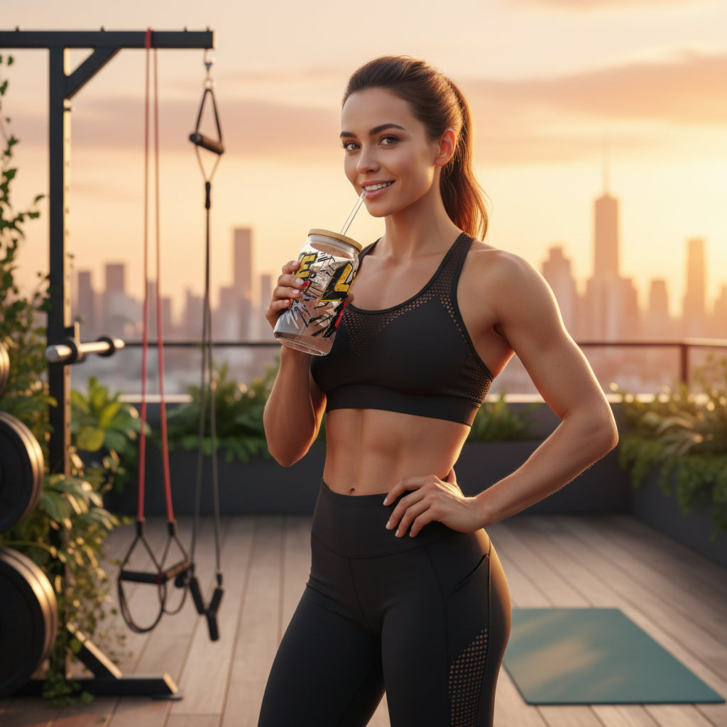 Woman in athletic wear holding a Live Fit sipper glass with a city skyline in the background.