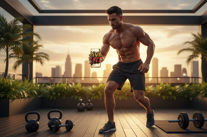 Muscular man holding a Live Fit sipper glass with a city skyline in the background.