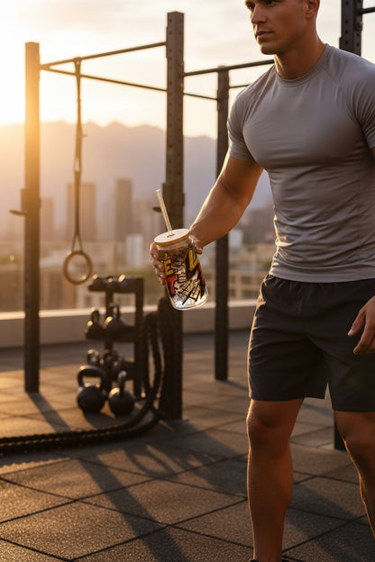 Man in athletic wear holding a Live Fit sipper glass on a rooftop with a cityscape in the background.