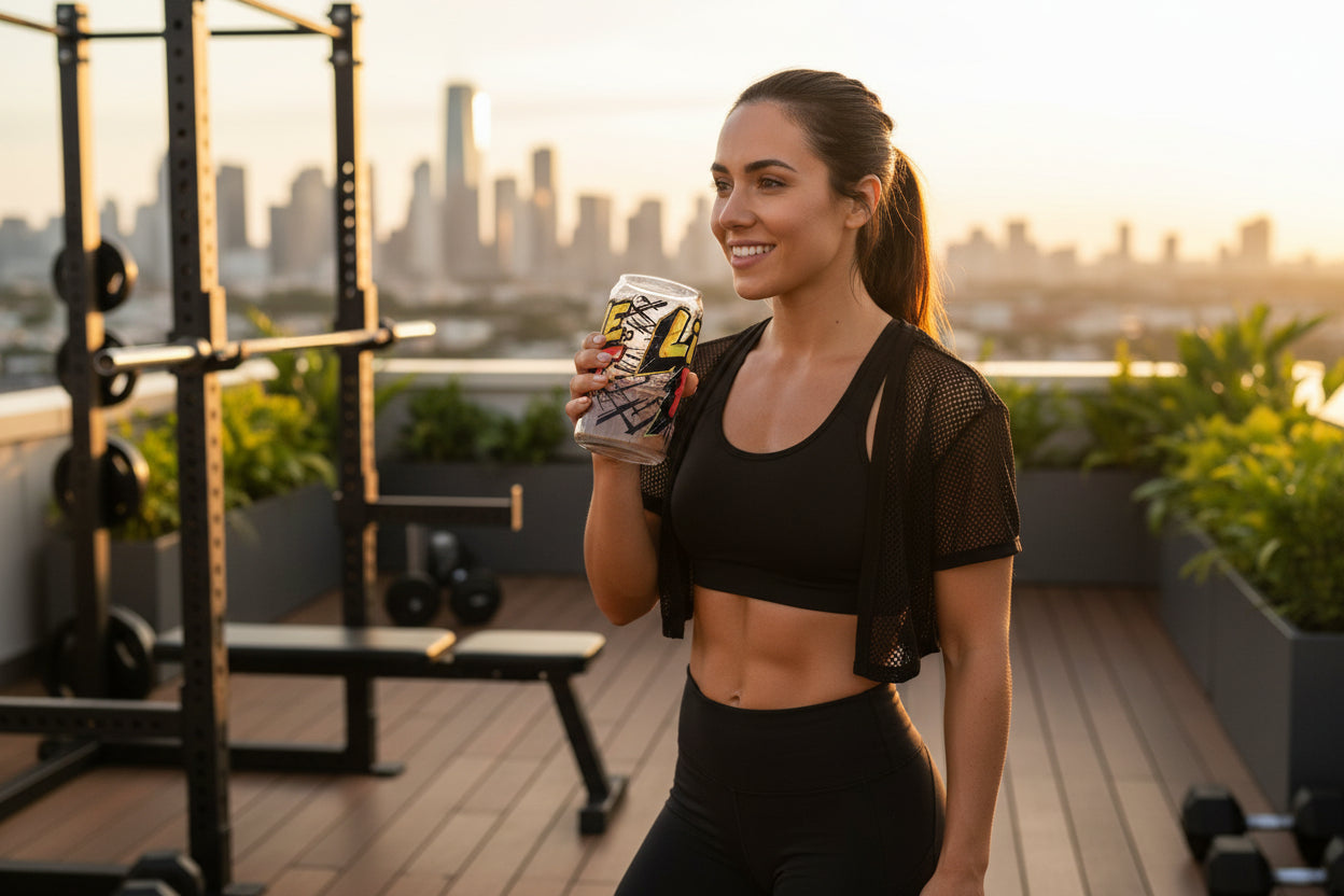Woman in athletic wear holding a Live Fit sipper glass on a rooftop with a cityscape background.