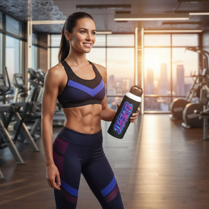 Woman in a gym holding a LIVE FIT water bottle.