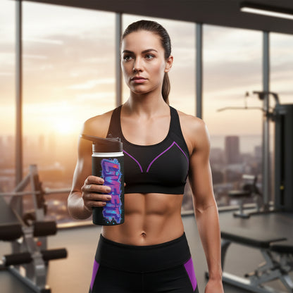 Black water bottle with a colorful 'LIVE FIT' design with a scenic gym background