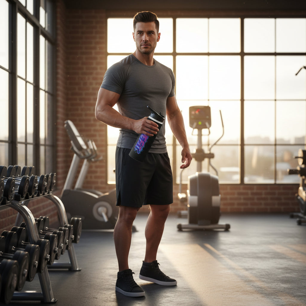 Black water bottle with colorful 'Live Fit' design with a gym background